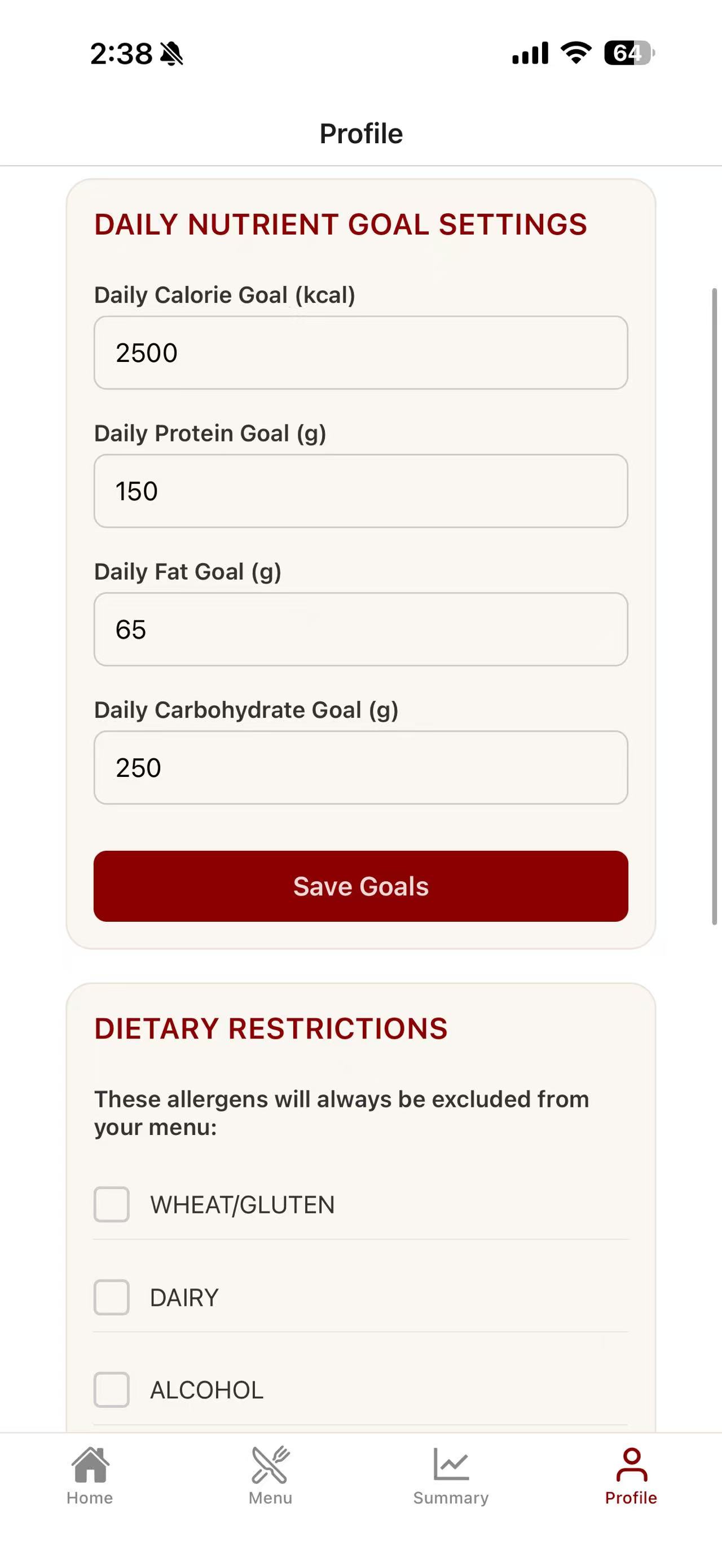 User profile screen of Brown Dining Tracker